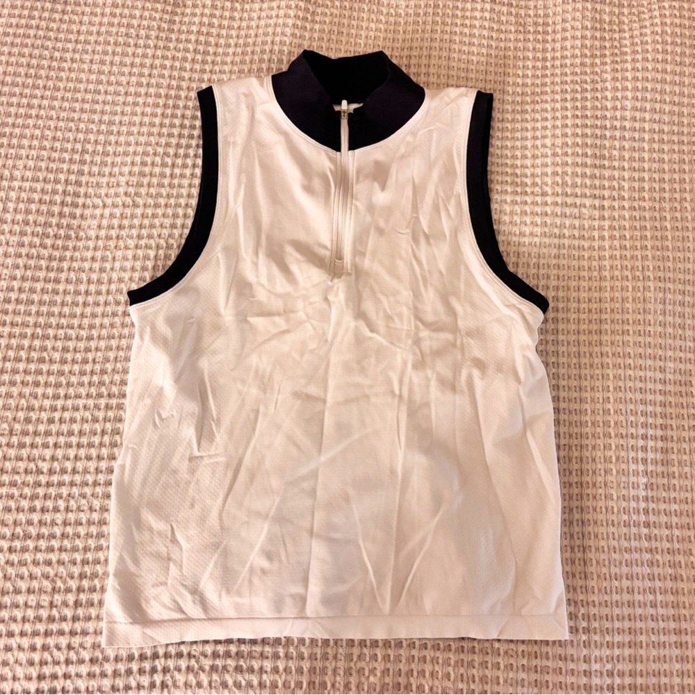 Athleta White Sleeveless Zip-Front Tank with Black Trim